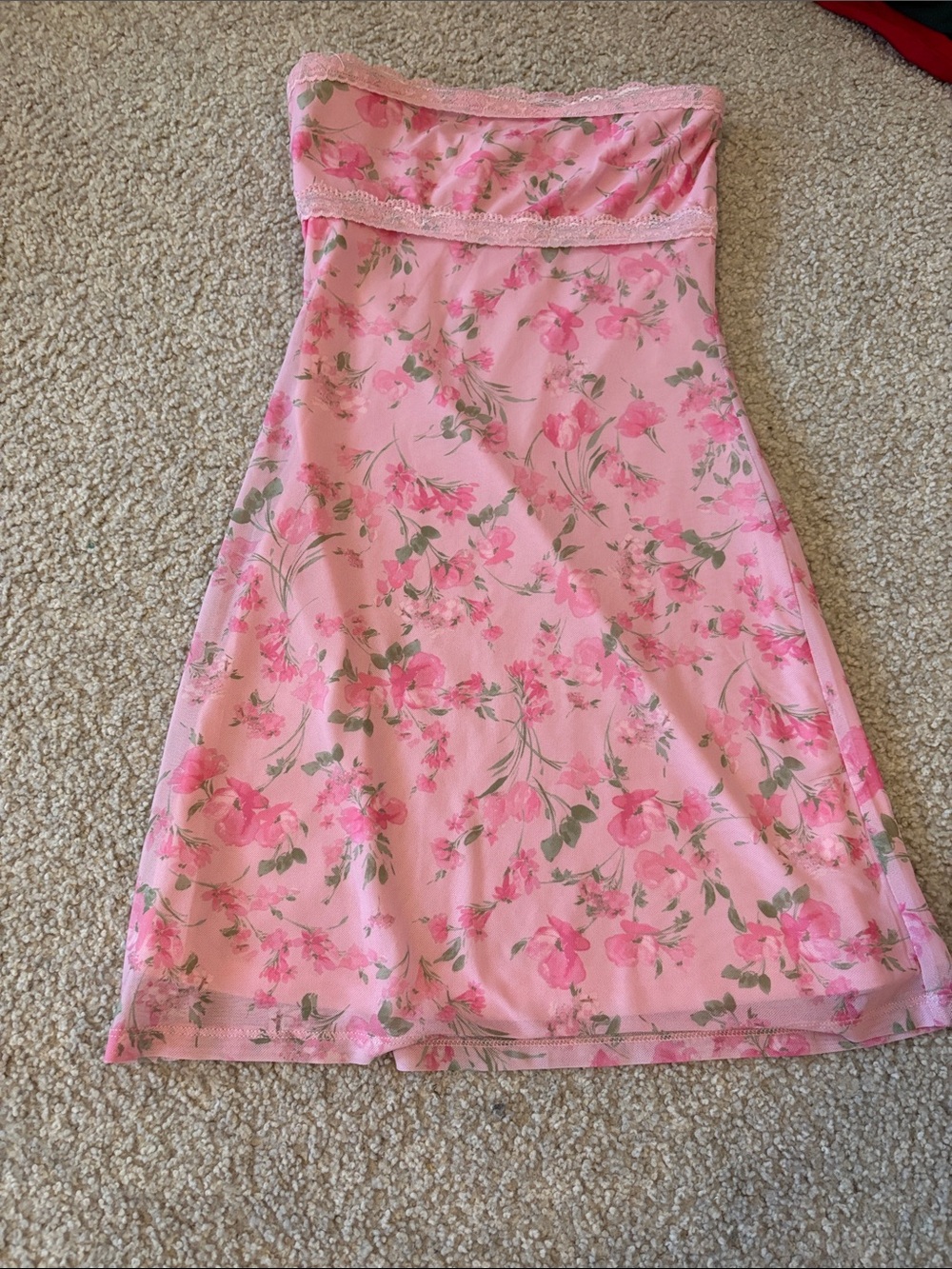 Altar'd State Strapless Pink Floral Lace-Trim Dress